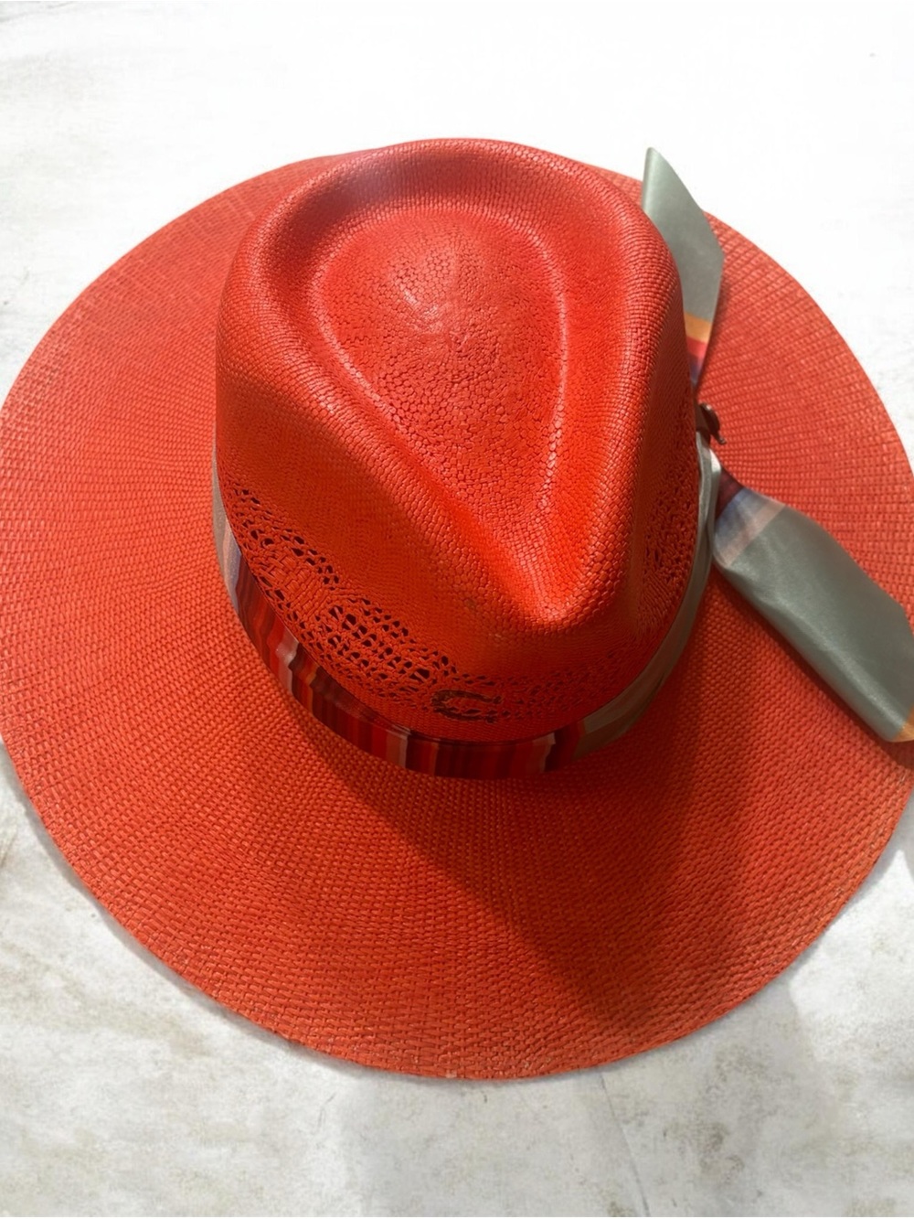 Wide-Brim Red Straw Fedora with Decorative Band